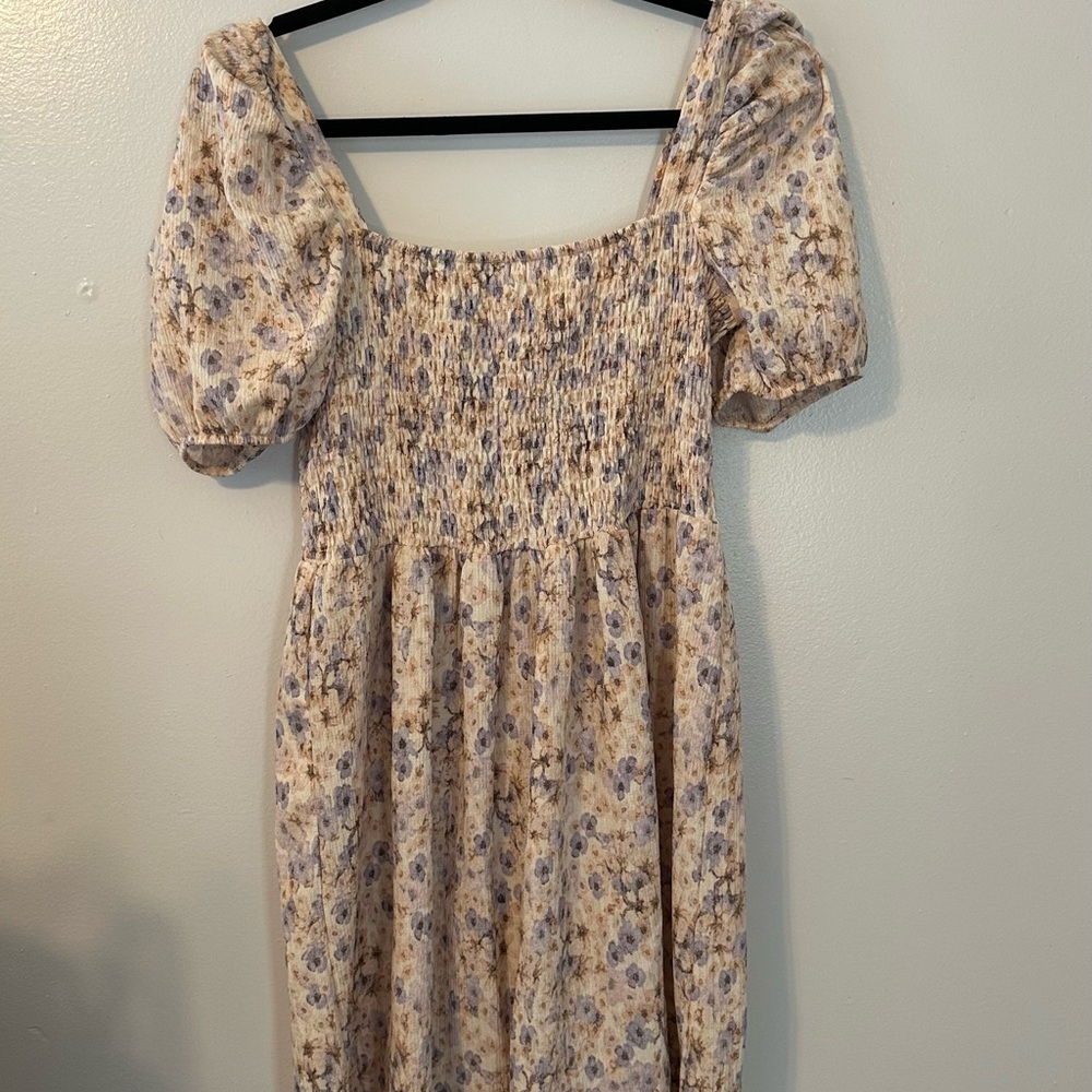 H&M Floral Puff Sleeve Dress - Cream and Purple